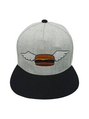 Bobs Burgers Flying Hamburger Snapback Hat Gray Black Flat Brim Skate Cap